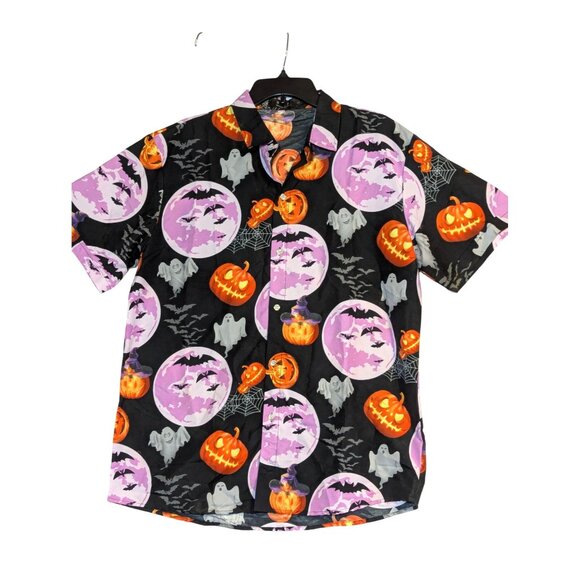 Halloween Mens Button-Up Shirt With Ghost Bats & Pumpkin Print By SSLR - Picture 1 of 5